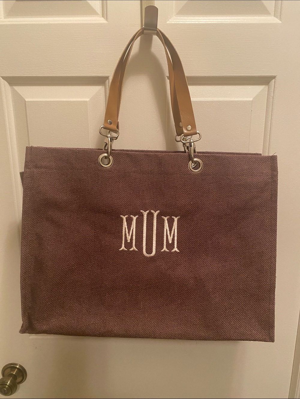 Monogrammed Brown Canvas Tote Bag with Tan Handles